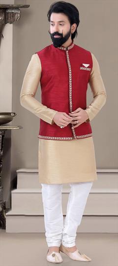 Beige and Brown color Kurta Pyjama with Jacket in Art Silk fabric with Embroidered, Thread, Zari work : 1813874