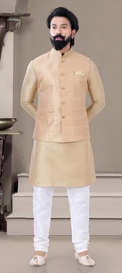 Beige and Brown color Kurta Pyjama with Jacket in Art Silk fabric with Sequence, Thread work : 1813882