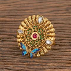 Green, Red and Maroon color Ring in Brass studded with Kundan & Gold Rodium Polish : 1814039