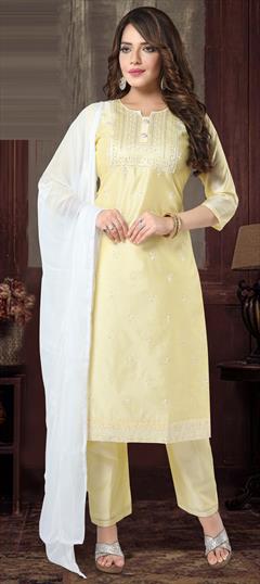 Party Wear Yellow color Salwar Kameez in Chanderi Silk fabric with Straight Embroidered, Resham, Sequence work : 1814129