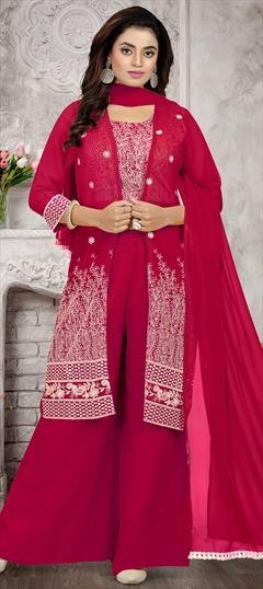 Party Wear, Reception Red and Maroon color Salwar Kameez in Georgette fabric with Palazzo Embroidered, Resham work : 1814151