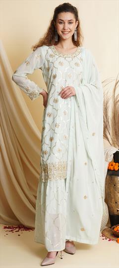 Mehendi Sangeet, Reception Blue color Salwar Kameez in Georgette fabric with Sharara Sequence, Zari work : 1814297