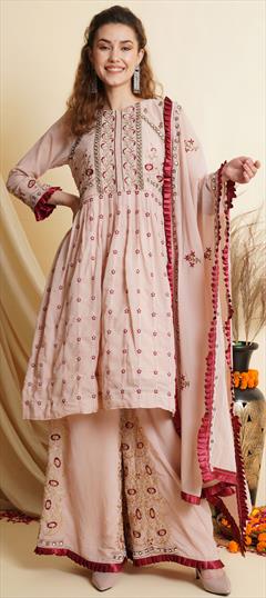 Mehendi Sangeet, Reception Pink and Majenta color Salwar Kameez in Georgette fabric with Palazzo Mirror, Resham, Thread, Zari work : 1814298