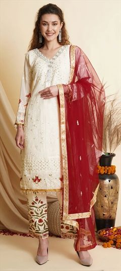 Mehendi Sangeet, Reception White and Off White color Salwar Kameez in Georgette fabric with Straight Moti, Resham, Thread work : 1814299