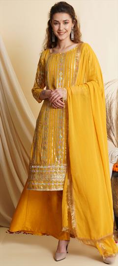 Mehendi Sangeet, Reception Yellow color Salwar Kameez in Georgette fabric with Palazzo Resham, Sequence, Thread work : 1814306
