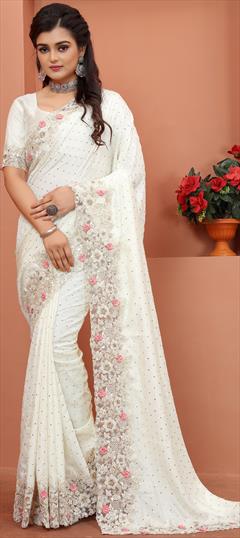 Traditional White and Off White color Saree in Satin Silk, Silk fabric with South Embroidered, Thread work : 1814367