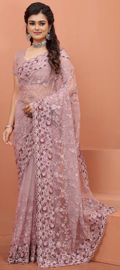 Party Wear, Reception Purple and Violet color Saree in Net fabric with Classic Embroidered, Resham, Zircon work : 1814371