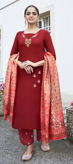 Party Wear Red and Maroon color Salwar Kameez in Rayon fabric with Straight Digital Print, Embroidered, Thread work : 1814528