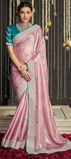 Bollywood, Traditional Pink and Majenta color Saree in Art Silk, Silk fabric with South Border, Embroidered, Resham, Stone, Thread, Zari work : 1814555