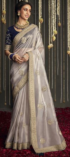 Bollywood, Reception, Traditional Black and Grey color Saree in Shimmer fabric with South Border, Embroidered, Resham, Stone, Thread, Zari work : 1814561
