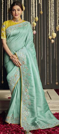 Bollywood, Traditional Green color Saree in Art Silk, Silk fabric with South Border, Embroidered, Resham, Stone, Thread, Weaving, Zari work : 1814563