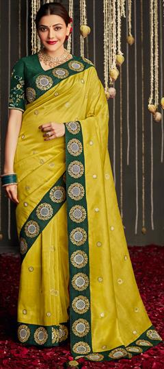 Bollywood, Traditional Yellow color Saree in Art Silk, Silk fabric with South Border, Embroidered, Resham, Stone, Thread, Zari work : 1814567