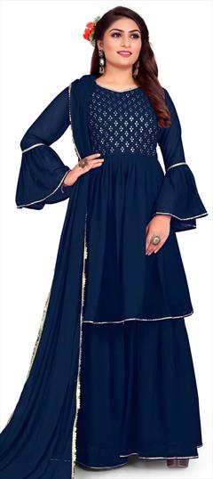 Party Wear, Reception Blue color Salwar Kameez in Georgette fabric with A Line, Palazzo Embroidered, Resham, Thread work : 1814569