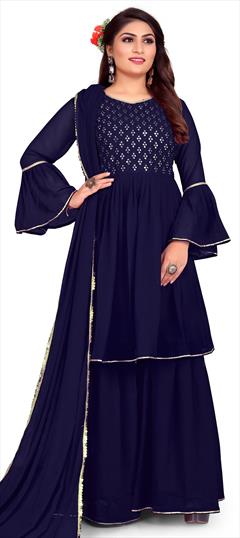 Party Wear, Reception Blue color Salwar Kameez in Georgette fabric with A Line, Palazzo Embroidered, Resham, Thread work : 1814572