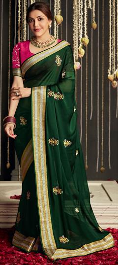 Bollywood, Traditional Green color Saree in Art Silk, Silk fabric with South Border, Embroidered, Resham, Stone, Thread, Zari work : 1814574