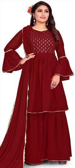Party Wear, Reception Red and Maroon color Salwar Kameez in Georgette fabric with A Line, Palazzo Embroidered, Resham, Thread work : 1814577