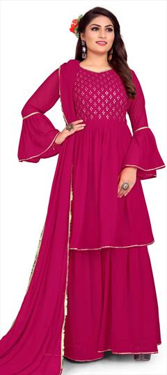 Party Wear, Reception Pink and Majenta color Salwar Kameez in Georgette fabric with A Line, Palazzo Embroidered, Resham, Thread work : 1814578