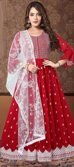 Party Wear Red and Maroon color Gown in Georgette fabric with Embroidered, Mirror, Resham work : 1814605