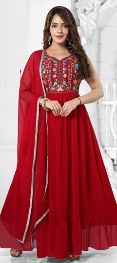 Party Wear Red and Maroon color Gown in Georgette fabric with Embroidered, Resham work : 1814609
