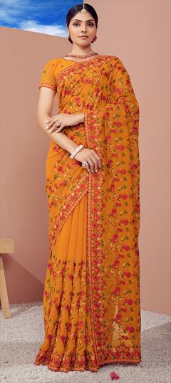 Party Wear, Reception Yellow color Saree in Georgette fabric with Classic Embroidered, Resham, Thread work : 1814617