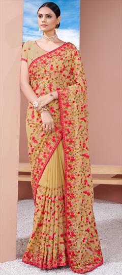 Party Wear, Reception Beige and Brown color Saree in Georgette fabric with Classic Embroidered, Resham, Thread work : 1814620