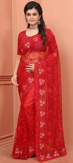 Mehendi Sangeet, Reception Red and Maroon color Saree in Net fabric with Classic Embroidered, Moti, Resham, Thread, Zircon work : 1814686