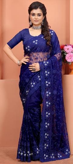 Mehendi Sangeet, Reception Blue color Saree in Net fabric with Classic Embroidered, Moti, Resham, Thread, Zircon work : 1814687