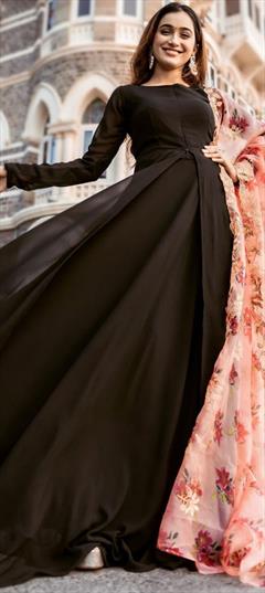 Party Wear, Reception Black and Grey color Gown in Georgette fabric with Floral, Gota Patti, Printed work : 1814884