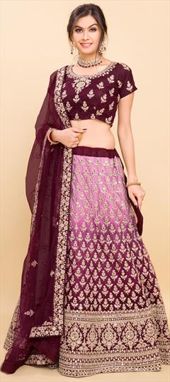 Mehendi Sangeet, Reception, Wedding Pink and Majenta, Purple and Violet color Lehenga in Net fabric with A Line Embroidered, Mirror, Stone, Thread work : 1814907