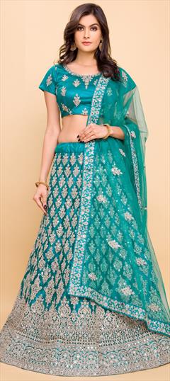 Mehendi Sangeet, Reception, Wedding Blue color Lehenga in Net fabric with A Line Embroidered, Mirror, Stone, Thread work : 1814910
