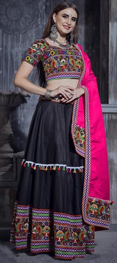 Festive, Party Wear Black and Grey color Lehenga in Art Silk, Silk fabric with A Line Embroidered, Mirror, Resham, Thread work : 1814991