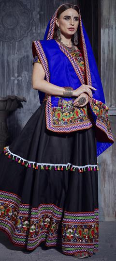 Festive, Party Wear Black and Grey color Lehenga in Art Silk fabric with A Line Embroidered, Mirror, Resham, Thread work : 1814992