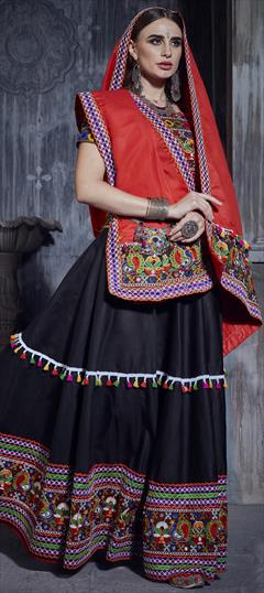 Festive, Party Wear Black and Grey color Lehenga in Art Silk, Silk fabric with A Line Embroidered, Mirror, Resham, Thread work : 1814993