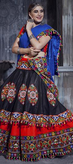 Festive, Party Wear Black and Grey, Red and Maroon color Lehenga in Art Silk fabric with A Line Embroidered, Mirror, Resham, Thread work : 1814996