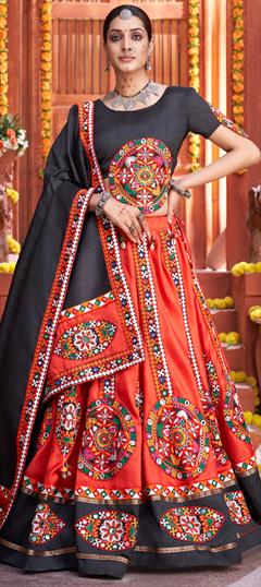 Festive, Navratri Red and Maroon color Lehenga in Art Silk, Silk fabric with A Line Mirror work : 1815012