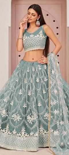 Reception, Wedding Blue color Lehenga in Net fabric with A Line Embroidered, Sequence, Thread work : 1815349