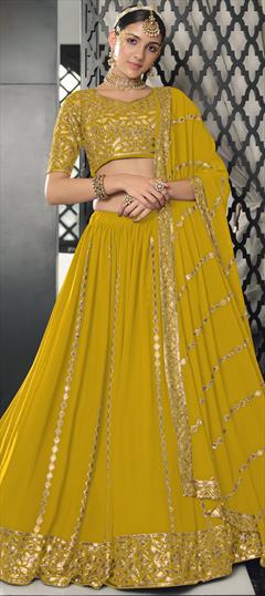 Bridal, Wedding Yellow color Lehenga in Georgette fabric with A Line Embroidered, Sequence, Thread work : 1815358
