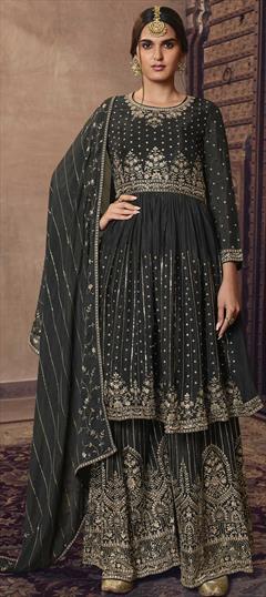 Festive, Party Wear Black and Grey color Salwar Kameez in Chiffon fabric with Palazzo, Straight Resham, Sequence, Thread work : 1815386