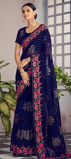 Party Wear, Reception Blue color Saree in Georgette fabric with Classic Embroidered, Resham, Sequence, Zari work : 1815531