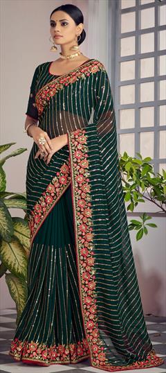 Party Wear, Reception Green color Saree in Georgette fabric with Classic Embroidered, Resham, Sequence, Zari work : 1815532