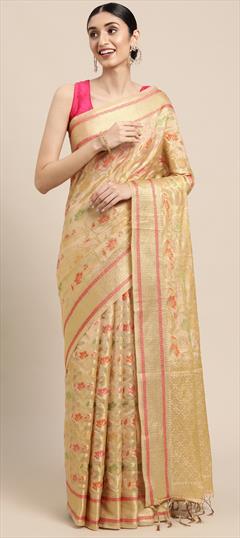 Traditional Beige and Brown color Saree in Organza Silk, Silk fabric with South Weaving work : 1815583