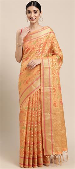 Traditional Orange color Saree in Organza Silk, Silk fabric with South Weaving work : 1815585