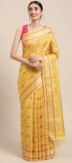 Traditional Yellow color Saree in Organza Silk, Silk fabric with South Weaving work : 1815588