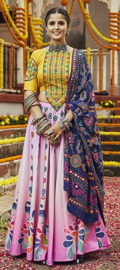 Festive, Party Wear Pink and Majenta color Lehenga in Cotton fabric with A Line Digital Print, Mirror work : 1815620