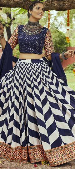 Festive, Party Wear Blue, White and Off White color Lehenga in Cotton fabric with A Line Digital Print, Embroidered, Mirror, Thread work : 1815624
