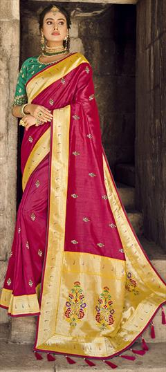 Traditional, Wedding Pink and Majenta color Saree in Banarasi Silk, Silk fabric with South Border, Embroidered, Resham, Thread, Zari work : 1815630