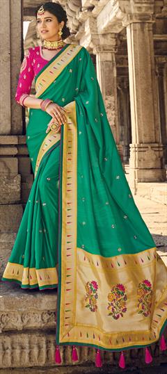 Traditional, Wedding Green color Saree in Banarasi Silk, Silk fabric with South Border, Embroidered, Resham, Thread, Zari work : 1815634