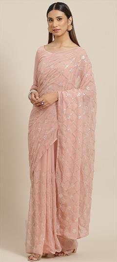 Party Wear Pink and Majenta color Saree in Georgette fabric with Classic Embroidered work : 1815795