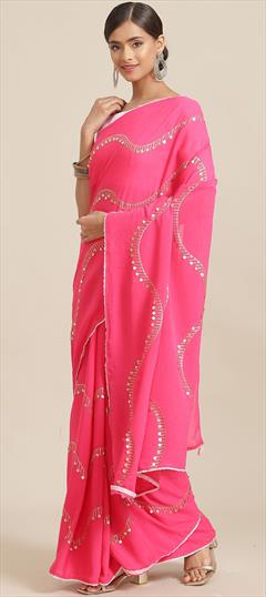 Designer, Festive, Party Wear Pink and Majenta color Saree in Georgette fabric with Classic Embroidered work : 1815797