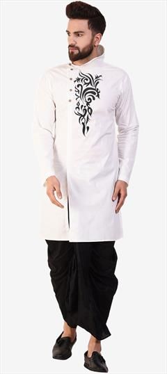 White and Off White color Dhoti Kurta in Blended Cotton fabric with Embroidered work : 1815804